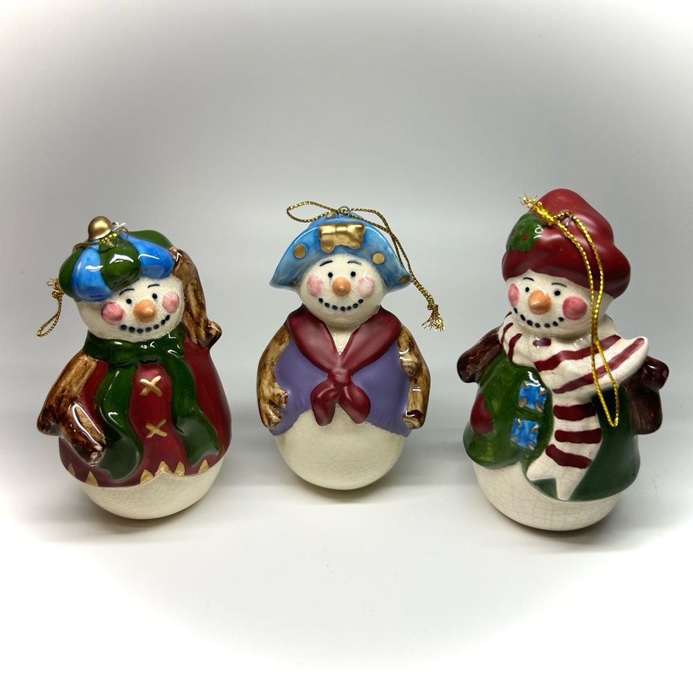 3 Ceramic Snowmen Ornaments 4" Christmas Tree Glass Snowman Figures Figurines